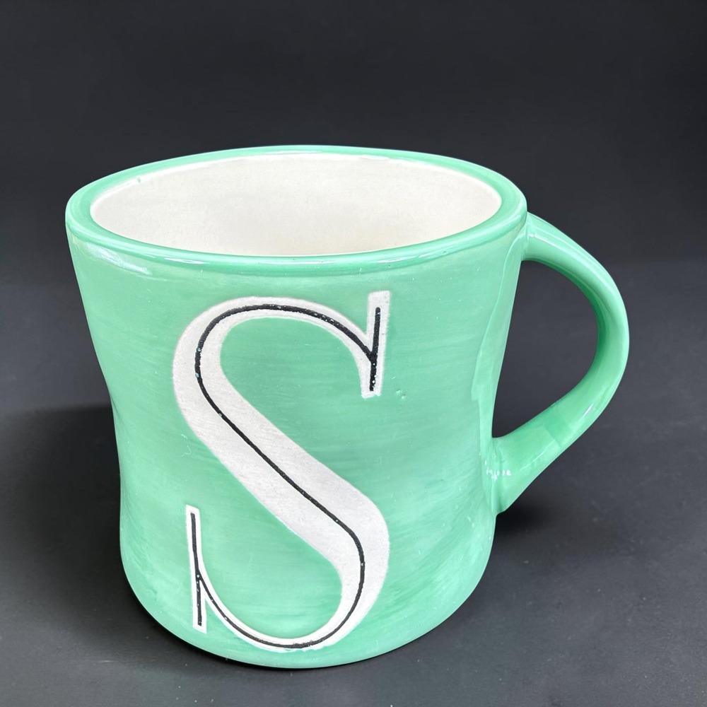 Anthropologie Hand Painted Initial S Monogram Mug Mint Green Ceramic Coffee Cup